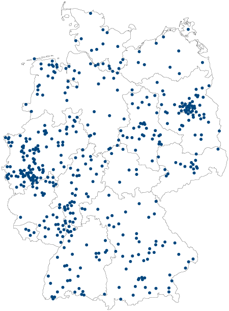 BRD-Karte mit den rund 500 Hörakustik-Fachbetrieben unserer HÖREXperten.